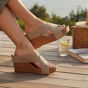 ABOUND Women's Tan Canvas Wedge Sandals Studded‎ Cork Sole Size 11M